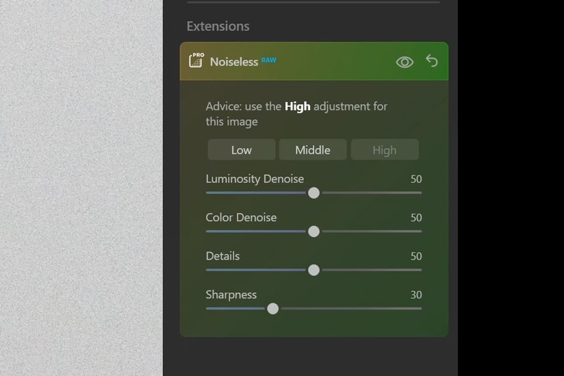 A screenshot of the Luminar Neo Noiseless AI user interface.
