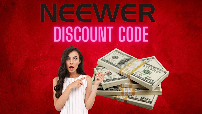 A woman pointing to money with text overhead saying Neewer Discount code.