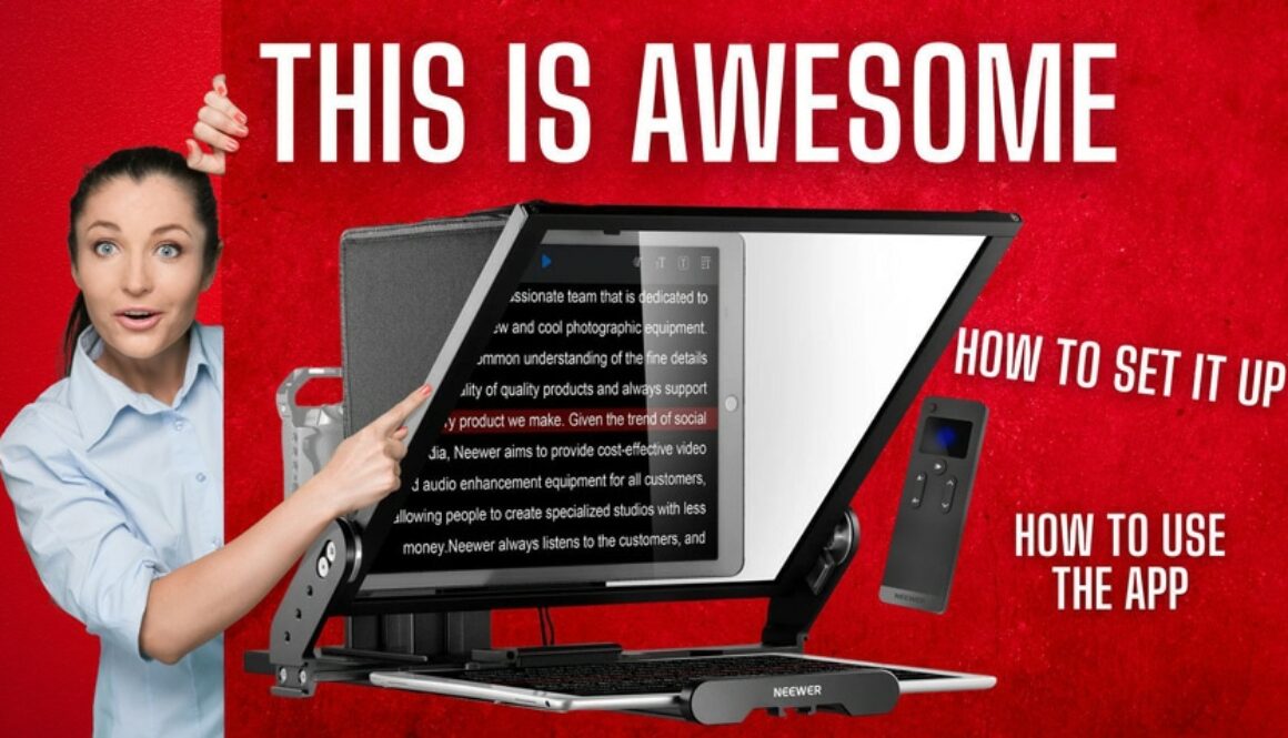 A woman pointing at the Neewer X 17ii teleprompter with text saying "this is awesome" over head.