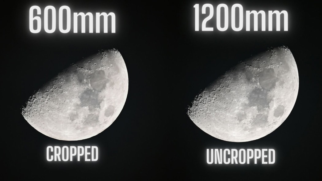 Two photographs of the moon both taken with the Nikon Z180-600mm lens with text showing the focal length of each shot