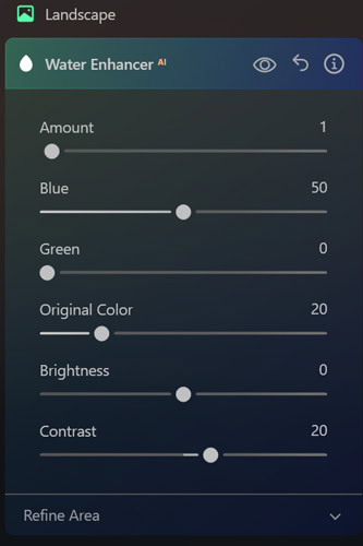 A screenshot of the Luminar Neo Water Enhancer AI controls