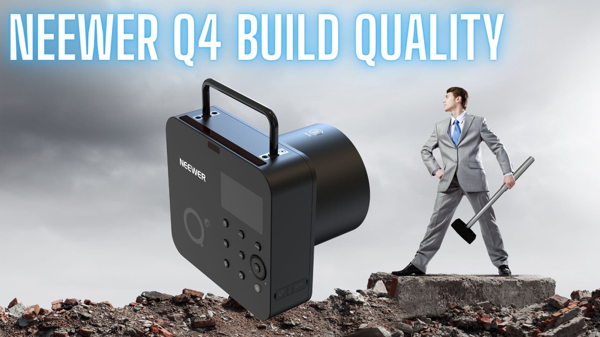 A photograph of the Neewer Q4 with a man in the background with a hammer looking at text saying "Neewer Q4 build quality"