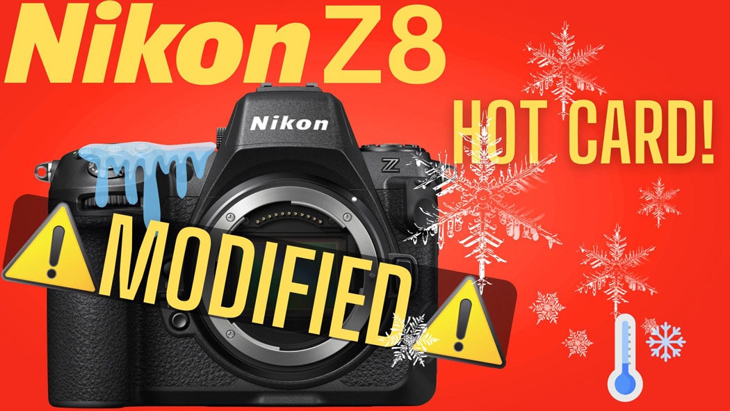 A Nikon Z8 camera on a red background with text saying Nikon Z8 Hot Card Warning Modification