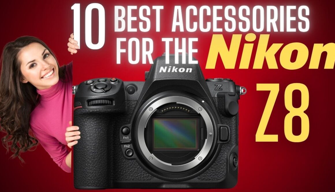 A woman smiling with text say 10 best accessories for the Nikon Z8