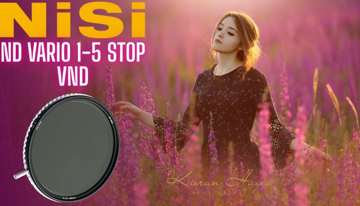 Nisi ND Vario VND filter review hero imgae with the filter in the photo with a picture of a woman in a field at sunset.