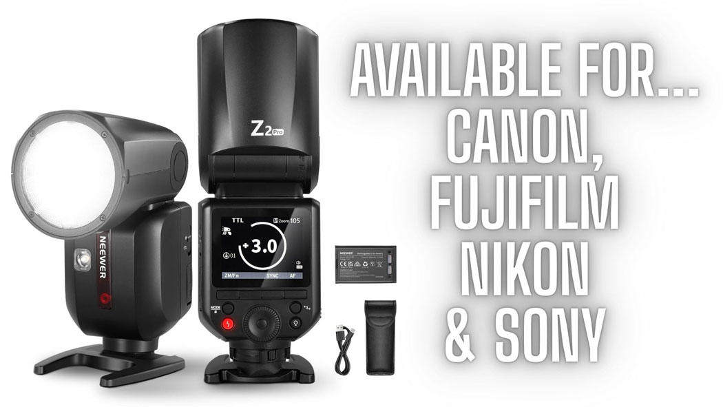 Neewer-Z2-Pro-Review-models Neewer Z2 Pro on a white background with a list of the camera brands it works with.