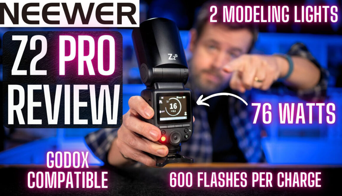 The Neewer Z2 Pro with a man holding it and text saying Neewer Z2 Pro Review with some of the camera specifications listed.
