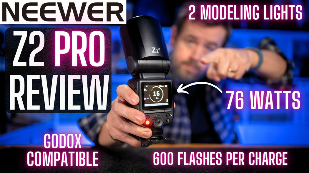 Neewer-Z2-Pro-review The Neewer Z2 Pro with a man holding it and text saying Neewer Z2 Pro Review with some of the camera specifications listed.