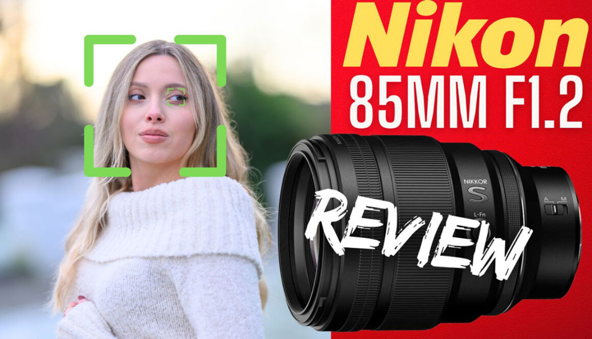 A portrait photograph with text sayin Nikon Z 85mm F1.2 review with a picture of the lens attached also.
