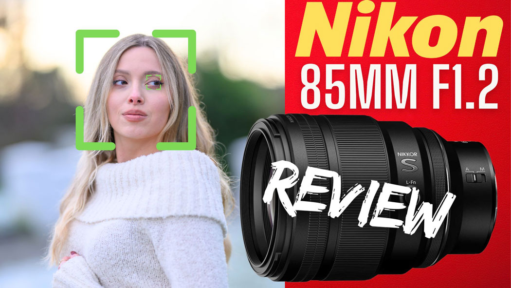 A portrait photograph with text sayin Nikon Z 85mm F1.2 review with a picture of the lens attached also.