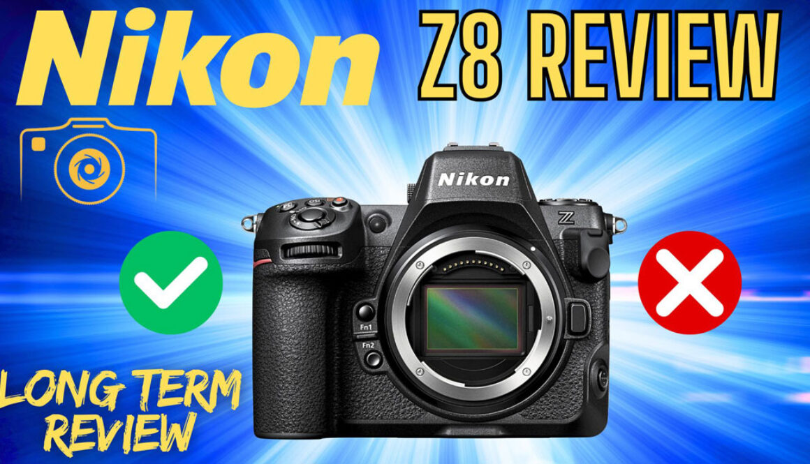 Nikon Z8 review written on a blue background with the Z8 inset with the words long term review included