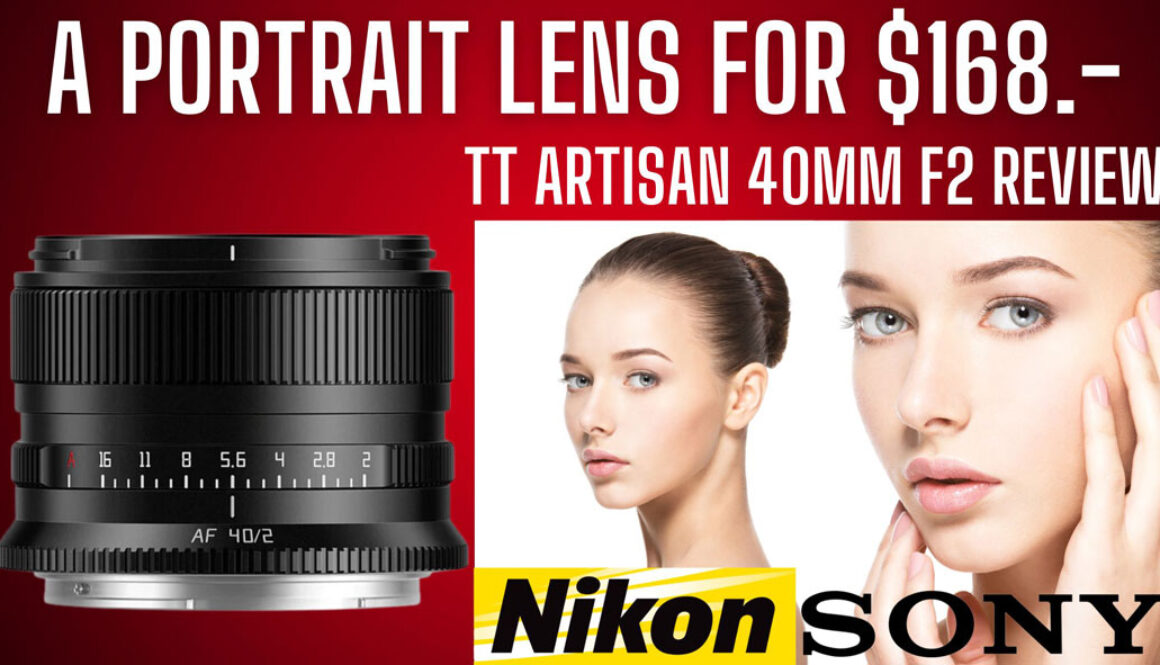 The TTArtisan 40mm F2 lens with two female model portrait images.