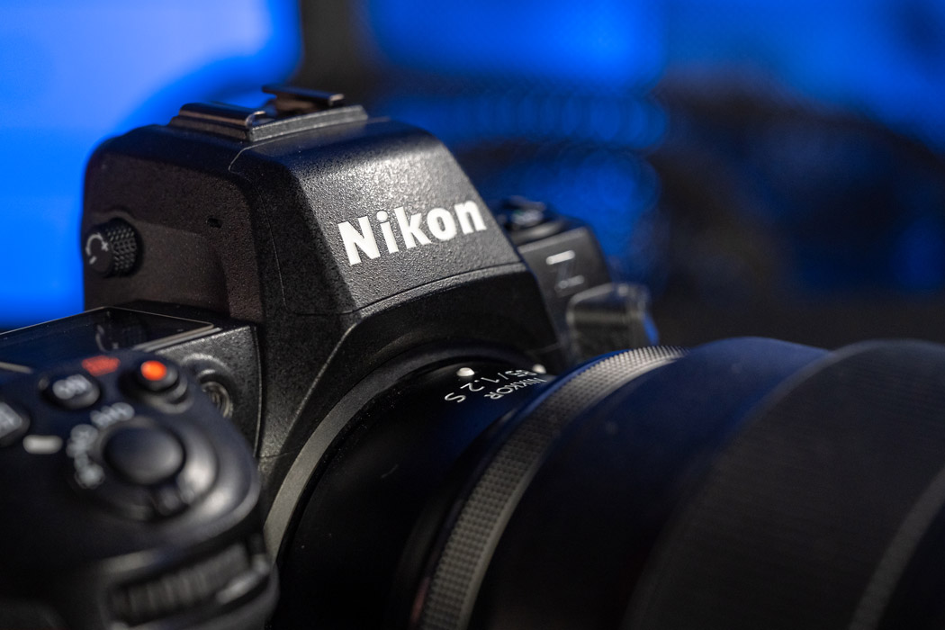 Nikon Z8 shot with the Nikon logo in focus.