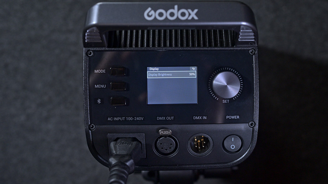 The back panel of the Godox Litemons LE300BI video light showing the screen, controls and connections