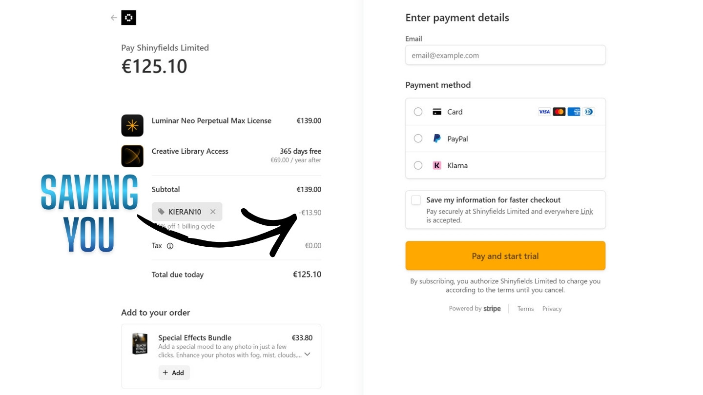 My Luminar Neo discount code savings Where the Luminar Neo Promo code box is located at checkout.