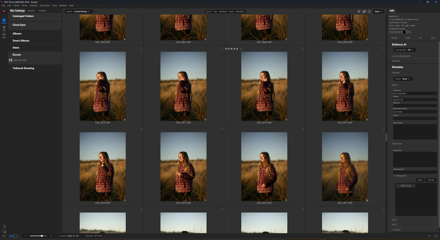 ON1 Photo Raw 2026 catalog facility and how the interface looks.