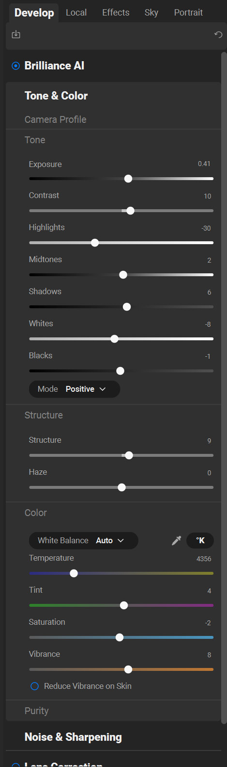 The ON1 Photo Raw 2026 general exposure controls for for you images in the edit tab.