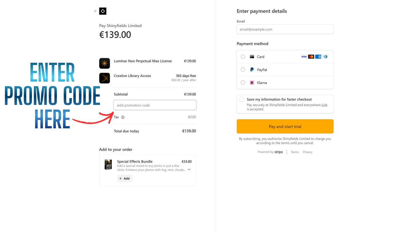 where to enter the promo code Where to enter my Luminar Neo Promo code at checkout on the Skylum website.