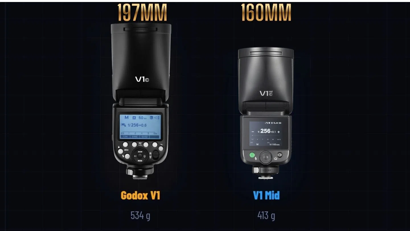 Godox V1 Mid size and weight comparred to the Godox V1.