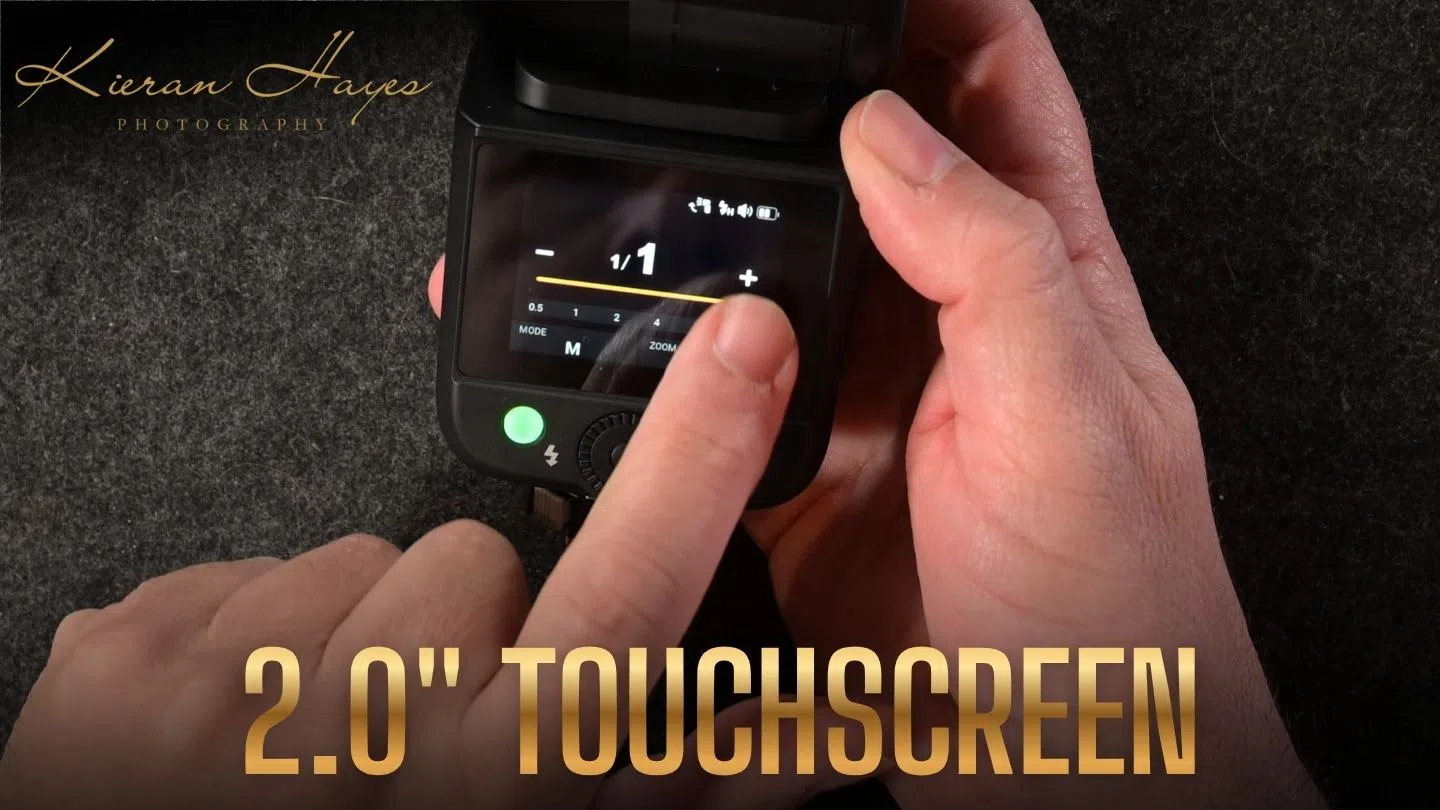 Godox V1 Mid touchscreen and a man adjusting the ouput power.