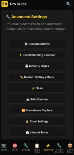 Nikon Z8 App (5) Nikon Z8 Advanced settings section