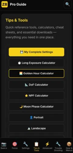 Nikon Z8 app (4) Nikon Z8 tips and cheat sheets section where you can download my Z8 settings file.